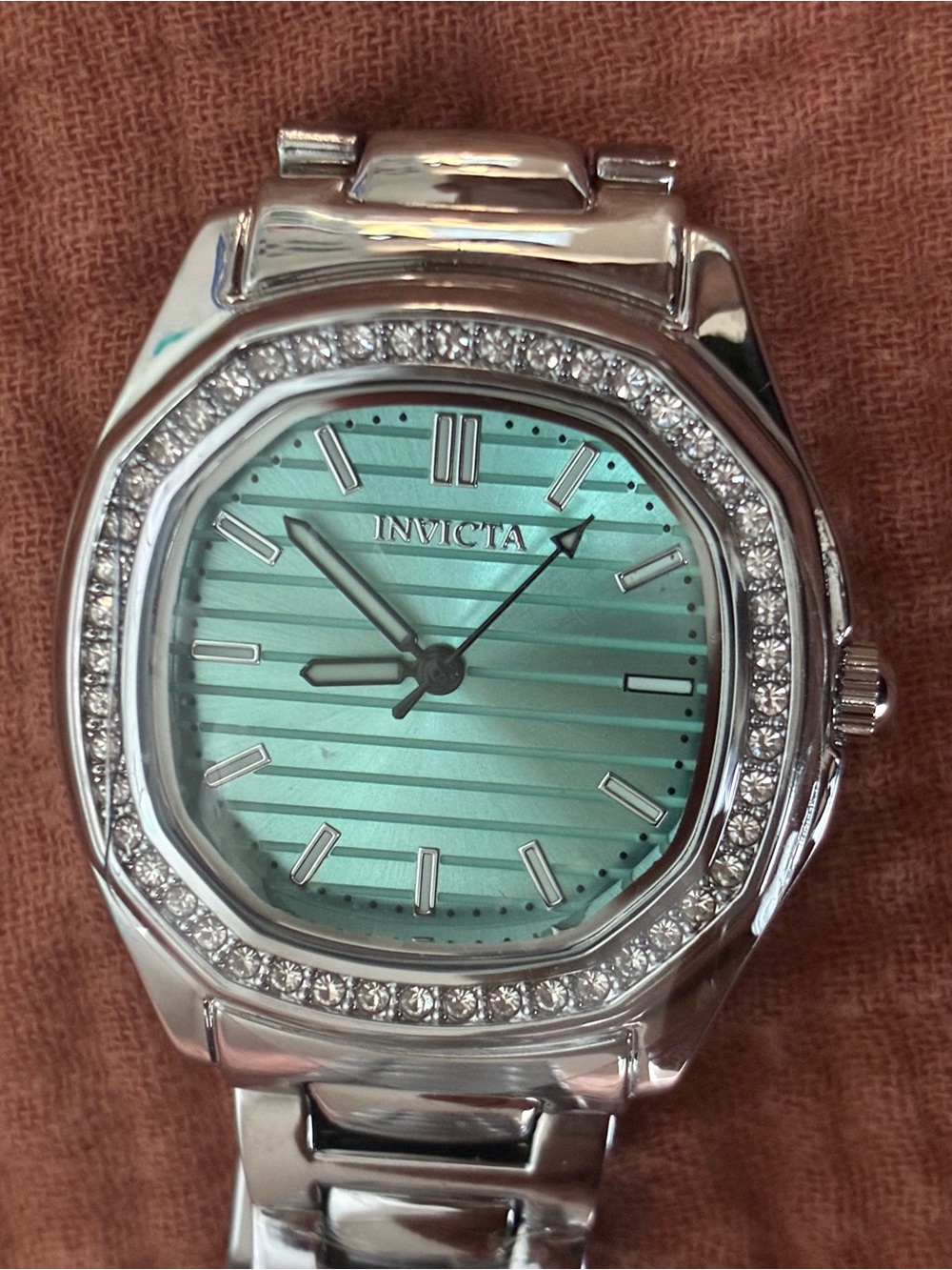 Invicta Silver Watch with Turquoise-Green Dial and Crystal Bezel